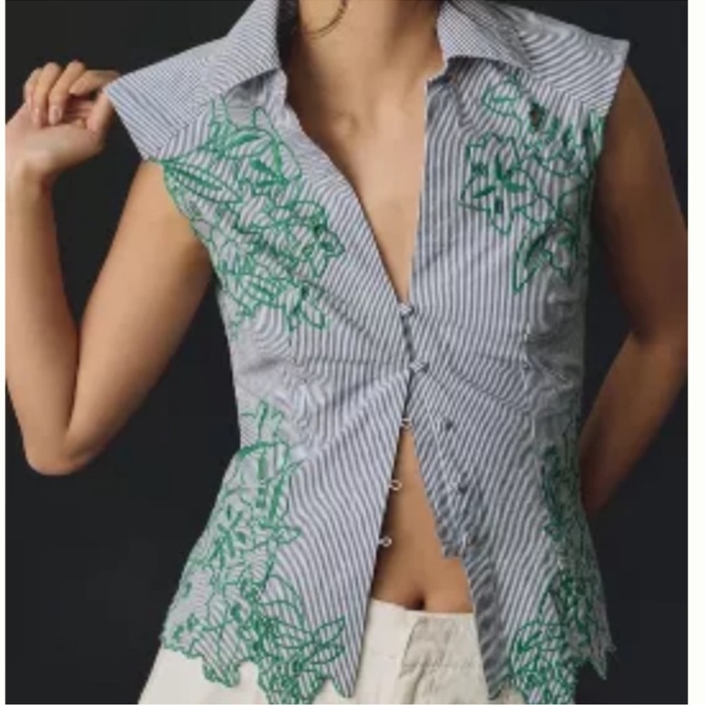 Anthropologie Maeve Striped Green Embroidered Women's Top L